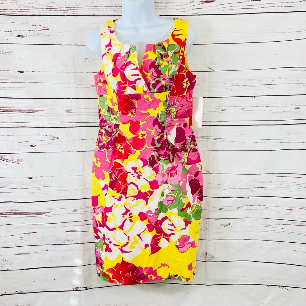 Adrianna‎ Papell Dress Women's 8 Red/Yellow Print Side Ruched Floral Sleeveless